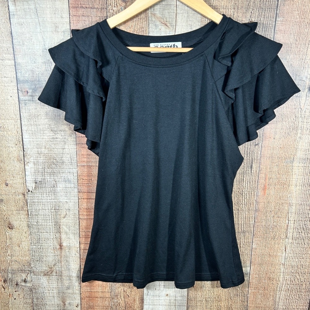 One Eleven North Large Black Ruffle Flutter Sleeve Soft Jersey Knit Blouse Top